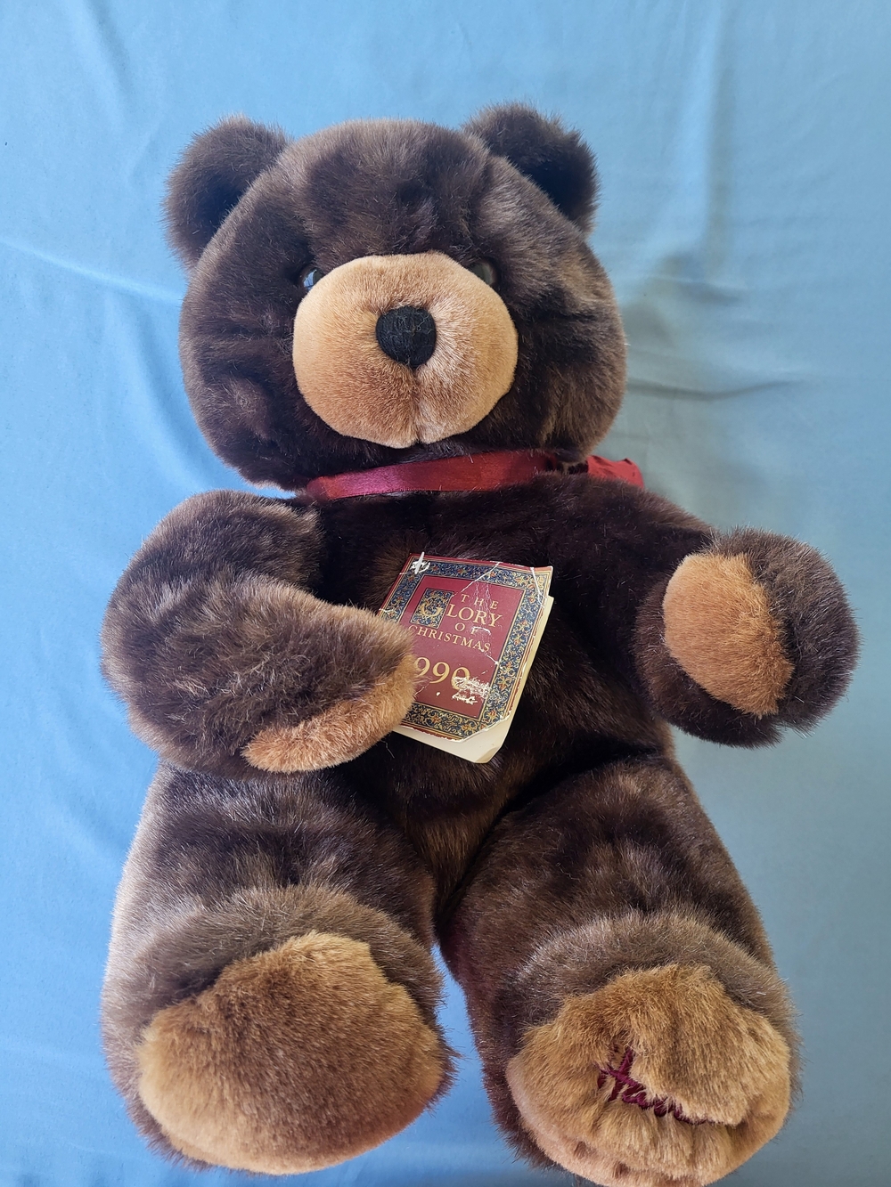 Harrods Dark Brown and Tan Plush Teddy Bear with Red Ribbon